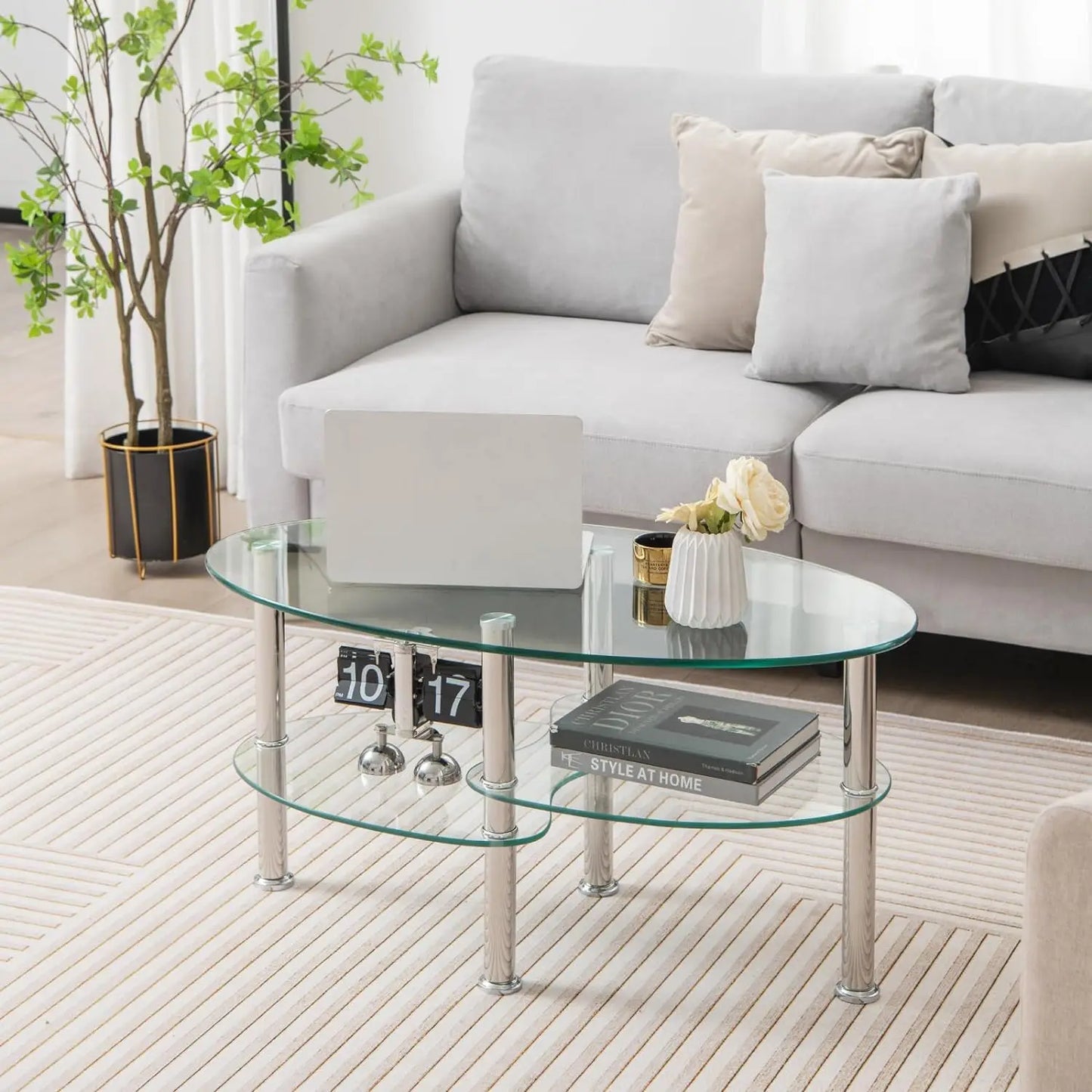 Glass Coffee Table, Furniture Decor 2-Tier Oval Glass Tea Table End Table for Home Office with 2 Tier Tempered Glass Boards