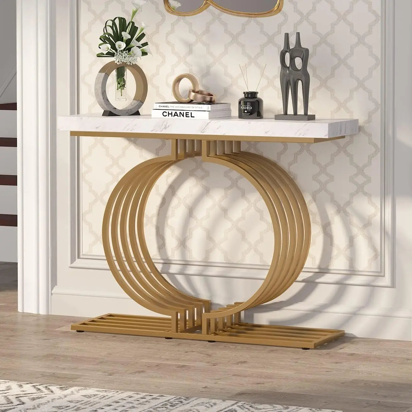 Console Table with Gold Base,40 in Sofa Table,Accent Table for Living Room, Entryway, Hallway, Entrance, Faux Marble White