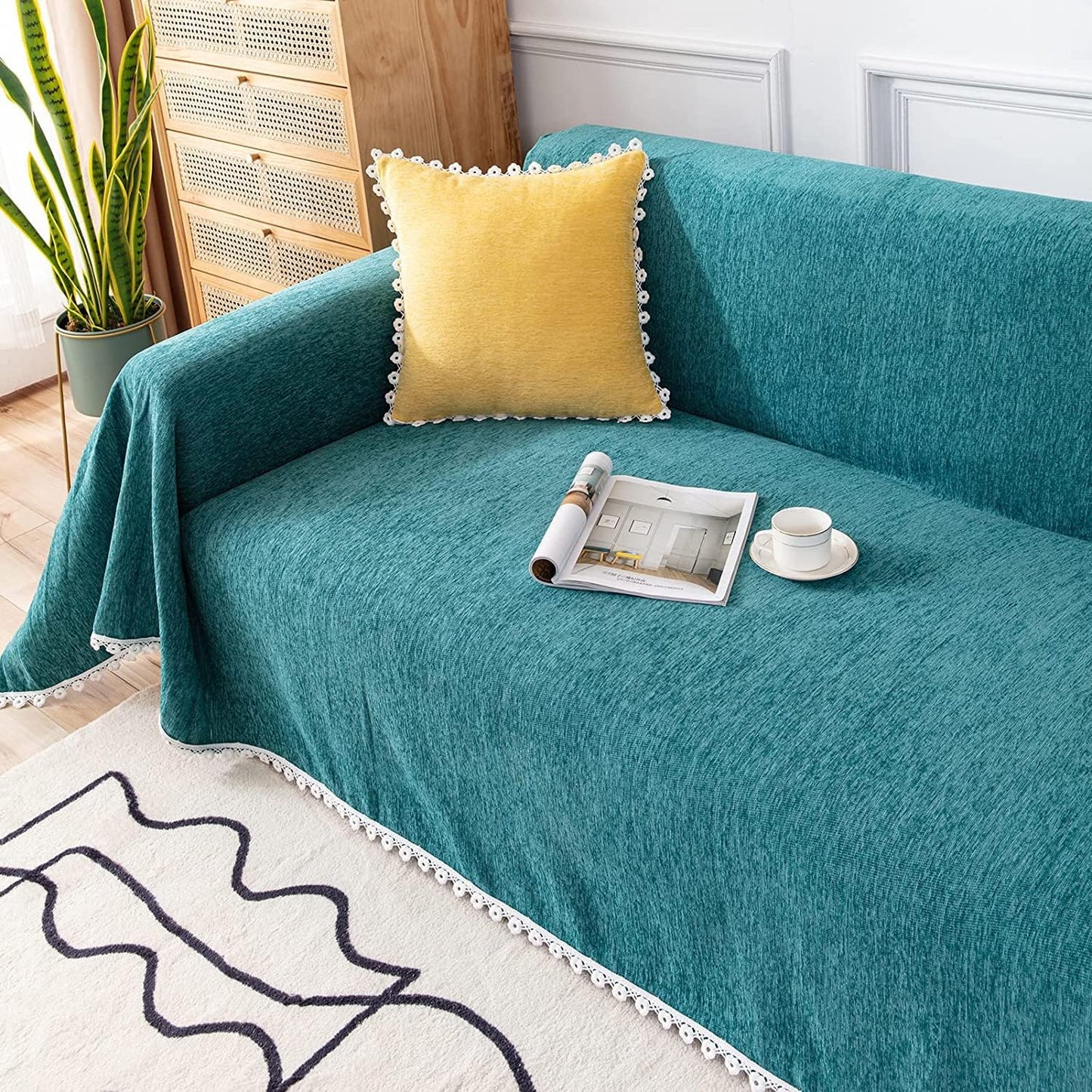 Modern Minimalist Sofa Covers for 3 Cushion Couch Sofa Chenille Couch Cover 71" X 118" Furniture Protector Couch Covers with Floral Lace for Dogs Cats, Bluish Green