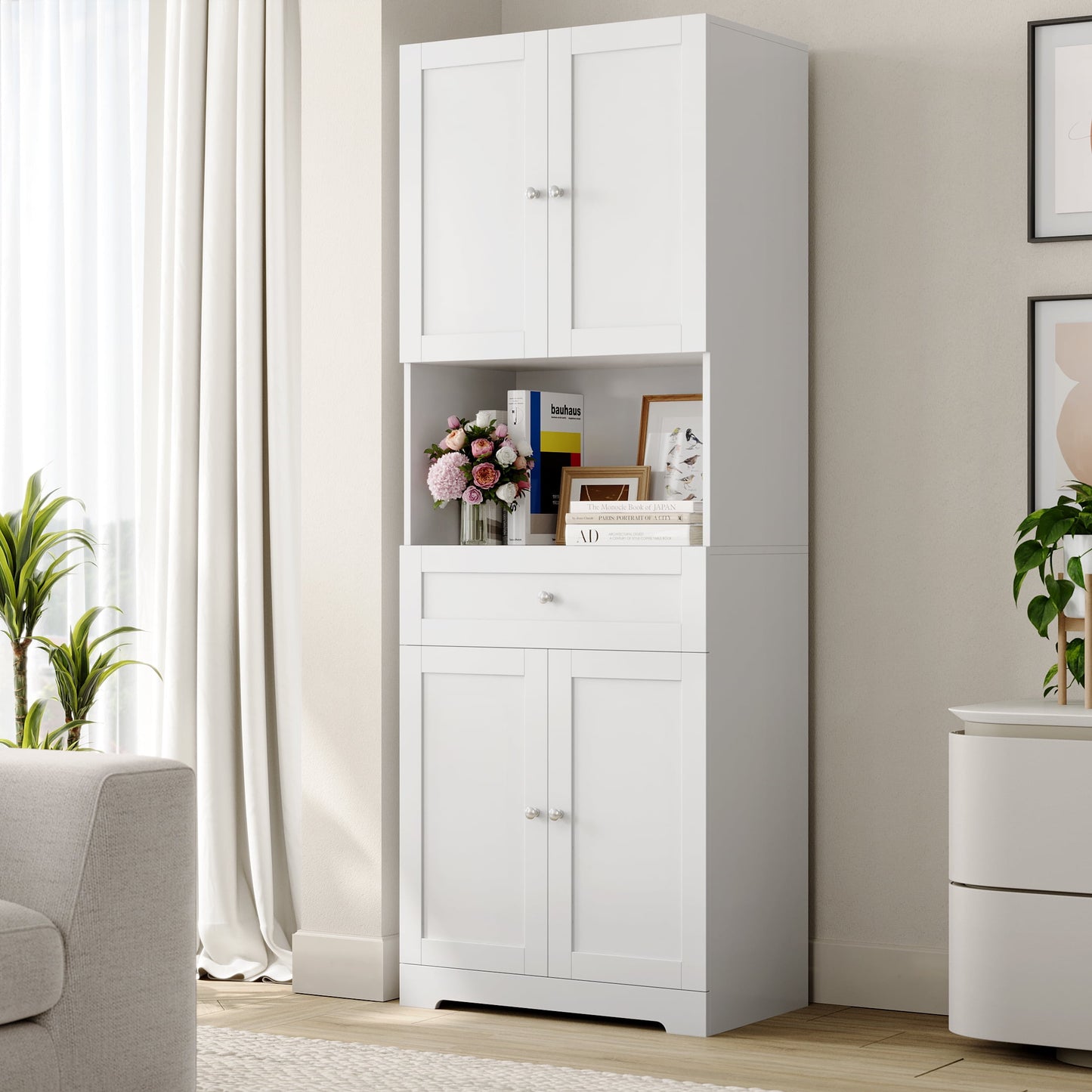 67.5" Tall Bathroom Storage Cabinet with Drawer, 4 Door Modern Freestanding Cupboard, White