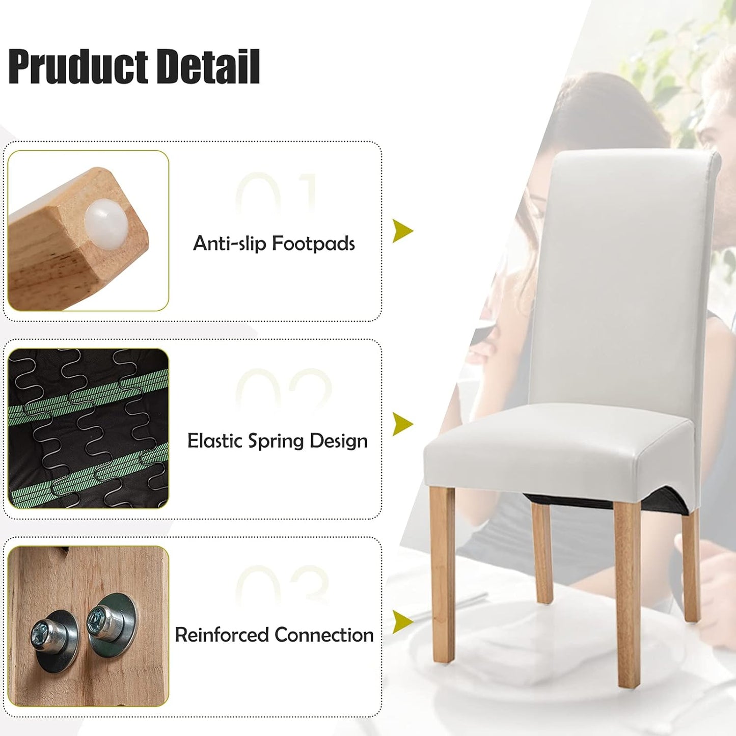 Set of 2 Dining Chairs, High Back Dining Side Chairs W/Solid Rubber Wood Legs, Anti-Slip Footpads, Modern Classic PVC Upholstered Kitchen Dining Chair, White