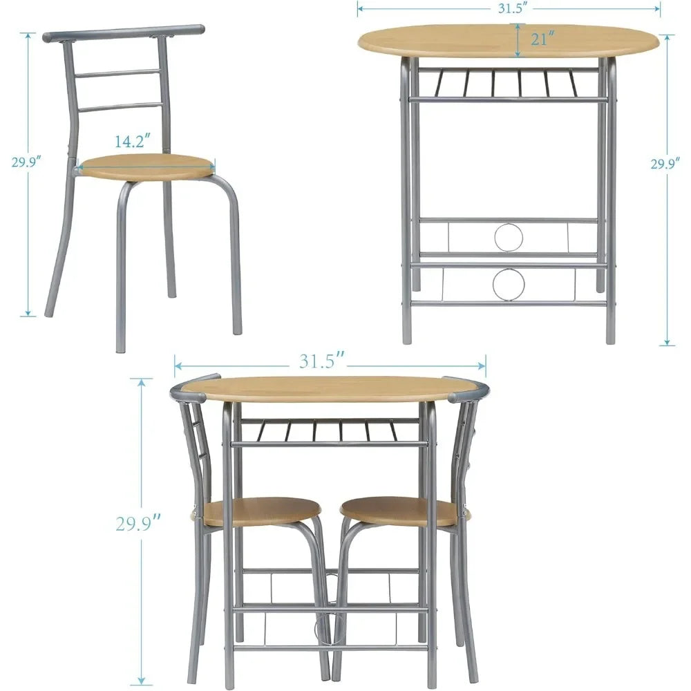 3 Piece Small round Dining Table Set for Kitchen Breakfast Nook, Wood Grain Tabletop with Wine Storage Rack, save Space, 31.5"