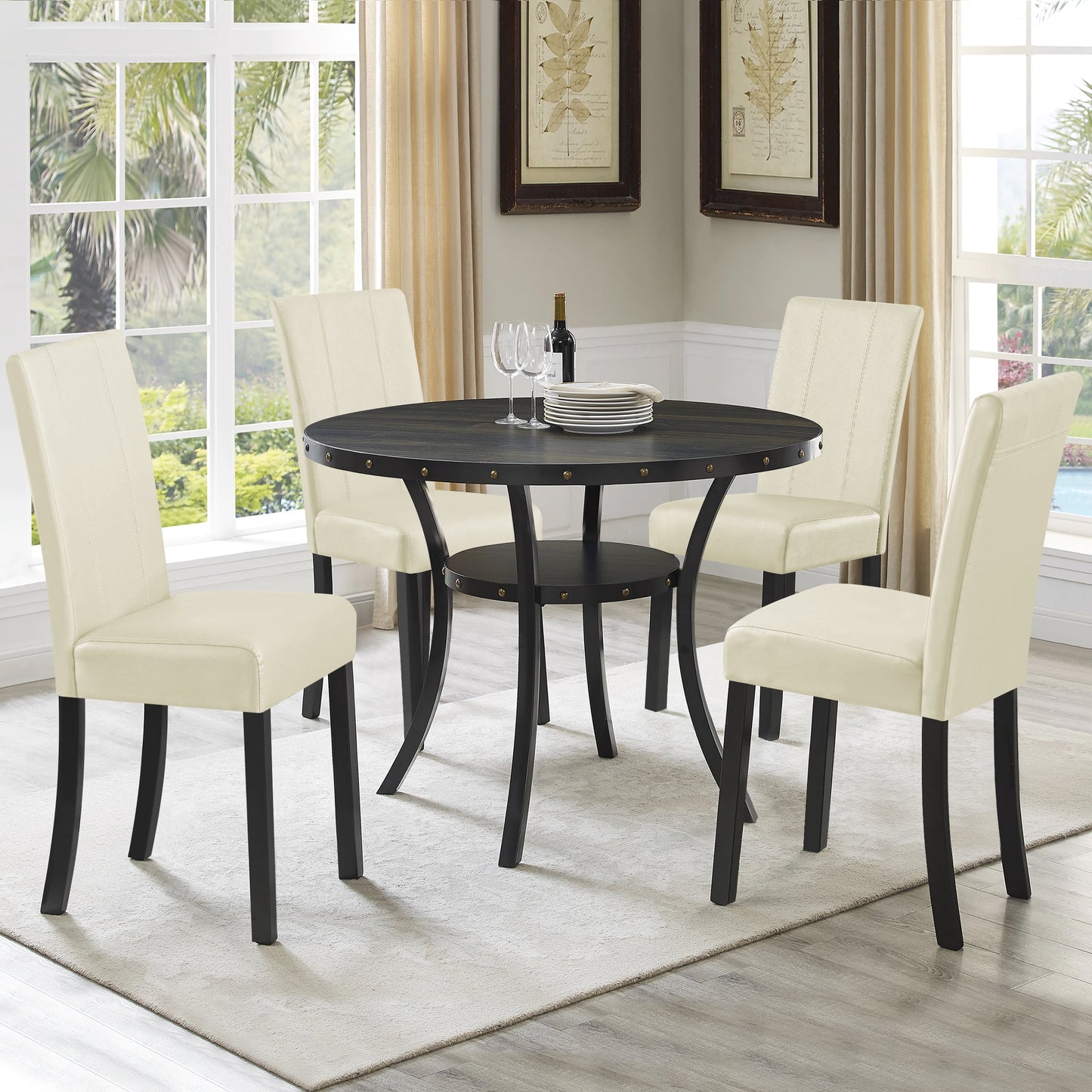 Faux Leather Indoor Dining Chair Set of 2, Modern Mid-Century Chairs for Home, Ivory