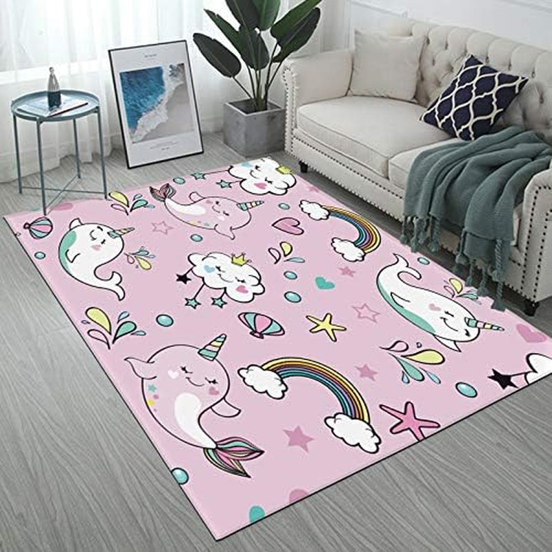 Cute Whale Unicorn Area Rug 7' X 5' for Living Dinning Room Bedroom Non-Slip Rug Rainbow and Smiling Clouds Cartoon Print for Kids Floor Carpet Kitchen Mats