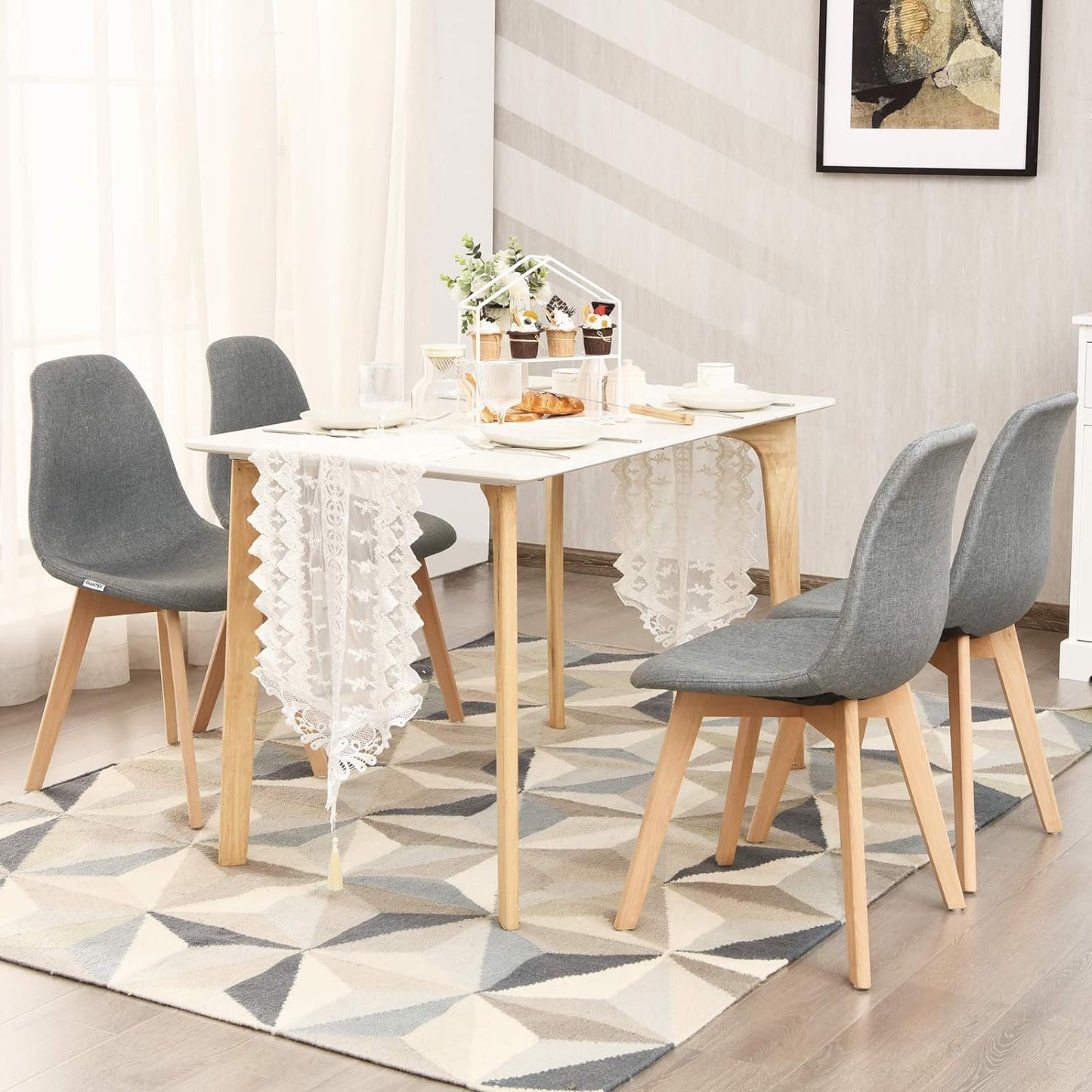 Set of 4 Modern Fabric Dining Chairs, Upholstered Accent Chair, Dining Room Side Chairs with Solid Wood Legs High Backrest Soft Padded Seat, Kitchen & Dining Room Chairs Easy Assembly, Grey
