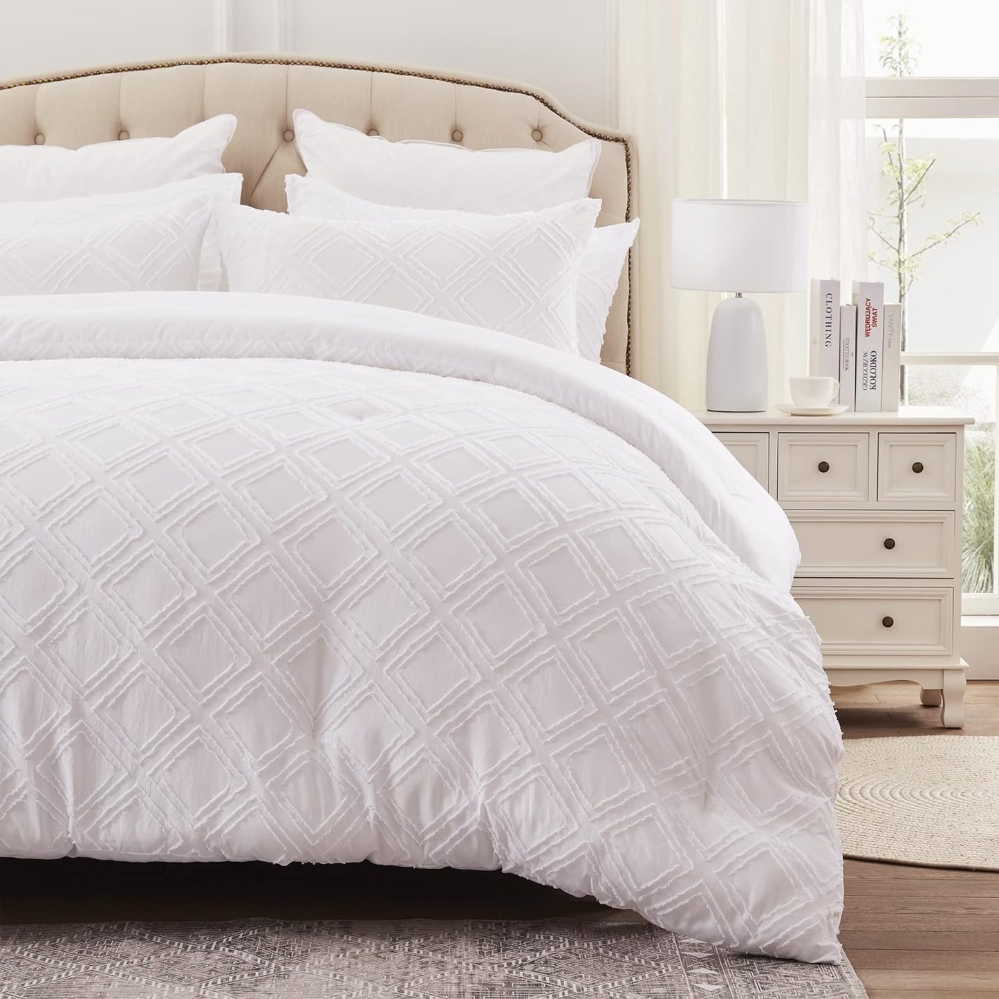 Bed Comforter Set - Premium Lattice White Bedding Sets & Collections with Queen-Size 2 Pillow Shams (No Insert), Lightweight, 100% Polyester Comforters for Queen Bed., White-Lattice