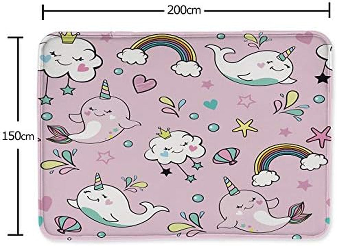 Cute Whale Unicorn Area Rug 7' X 5' for Living Dinning Room Bedroom Non-Slip Rug Rainbow and Smiling Clouds Cartoon Print for Kids Floor Carpet Kitchen Mats