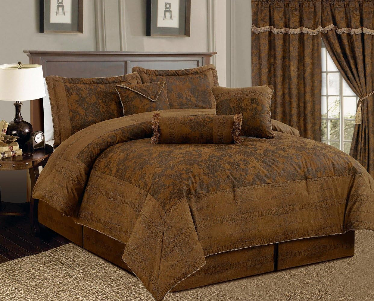 5 Piece Dark Camel Brown Lavish Comforter Set Micro Suede Bed in a Bag Twin Size Bedding