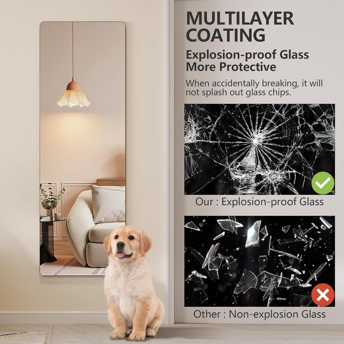 over the Door Full Length Mirror, Back of Door Hanging Mirror, Black Wall Mount Mirror, Frameless Full Body Mirror for Bedroom, Closet (47" X 14.5”)