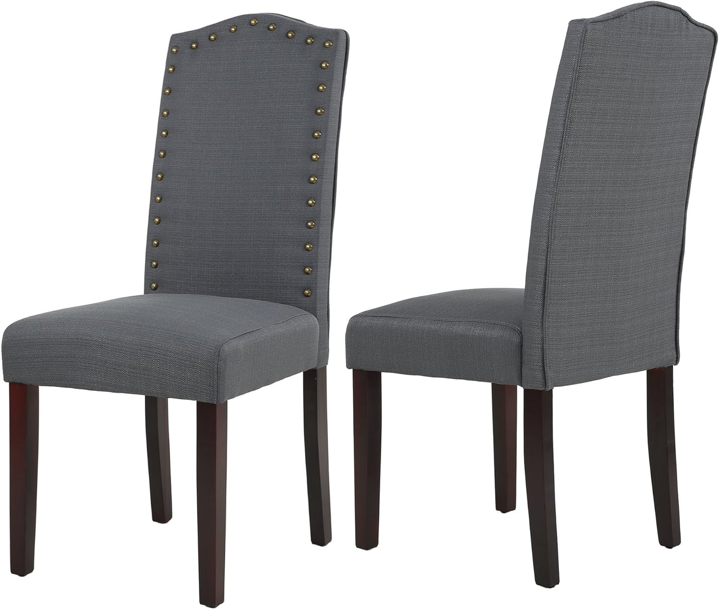Set of 2 Luxurious Fabric Dining Chairs with Copper Nails and Solid Wood Legs (Dark Gray)