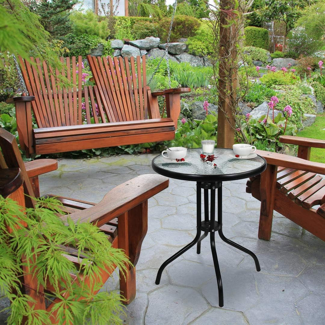 24" Patio Dining Table round Bistro Table Outdoor Furniture Garden Table with Frame Tempered Glass Top for Backyard Lawn Balcony Pool, Black
