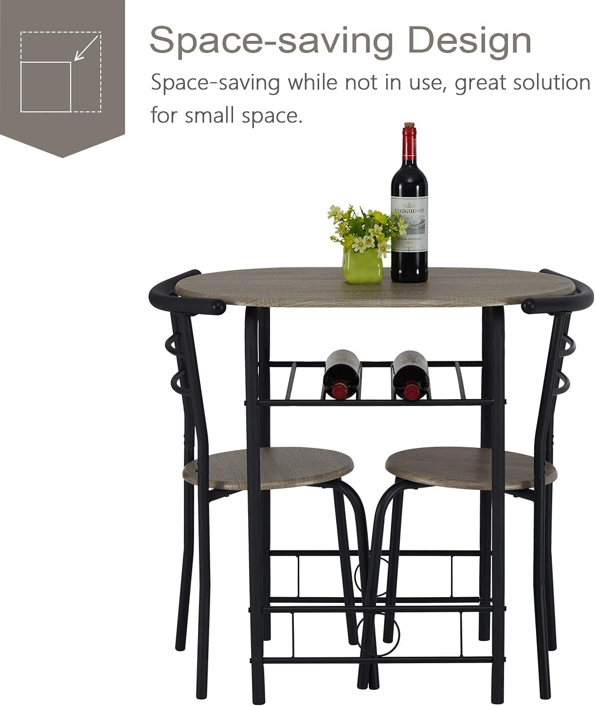 3 Pieces round Wood Table & Chair Set - Metal Frame Dining Bar Industrial Space Saving with Storage Shelf for Kitchen Dining Room Bar Counter Living Room Balcony, Brown