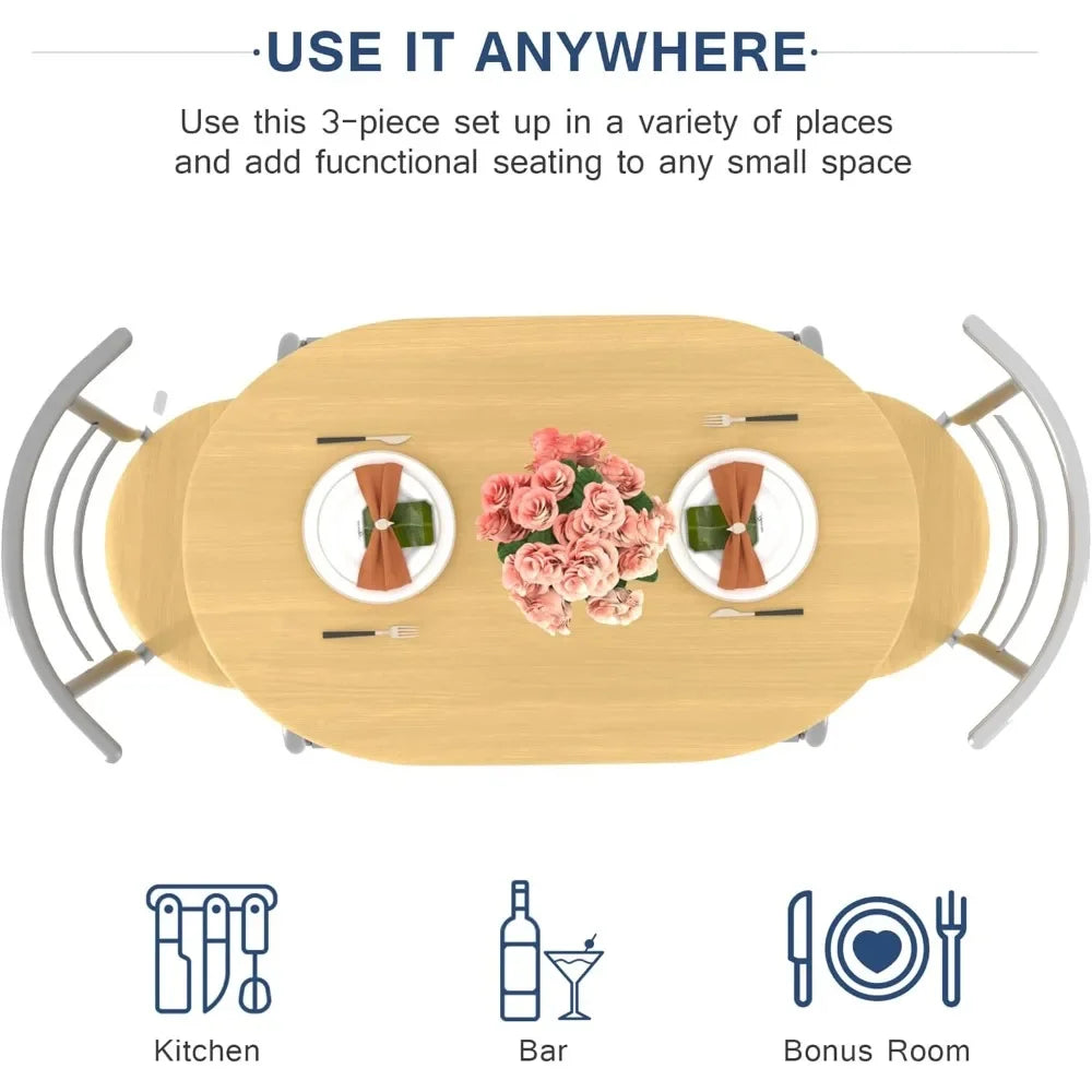 3 Piece Small round Dining Table Set for Kitchen Breakfast Nook, Wood Grain Tabletop with Wine Storage Rack, save Space, 31.5"