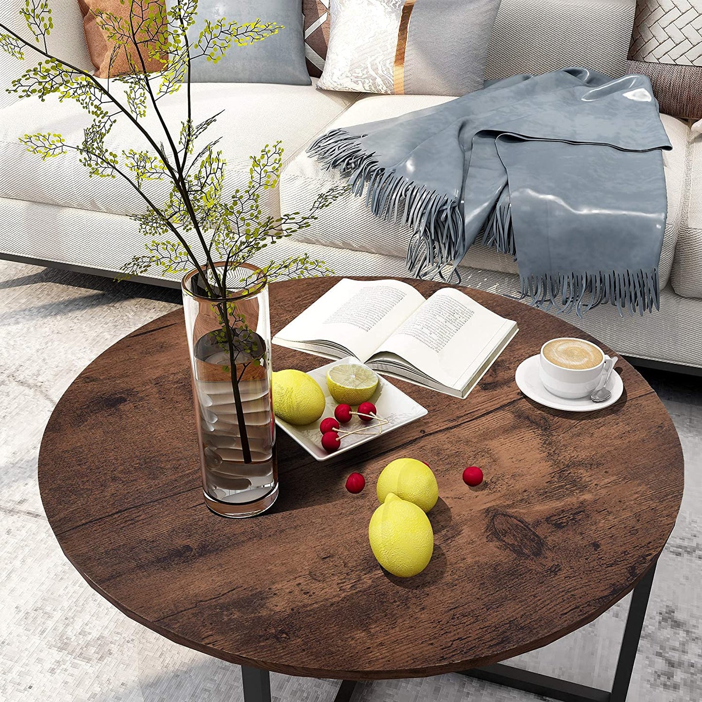 Round Coffee Table Kitchen Dining Table Modern Tea Table Office Conference Pedestal Desk Computer Study Desk Rustic Brown/Black