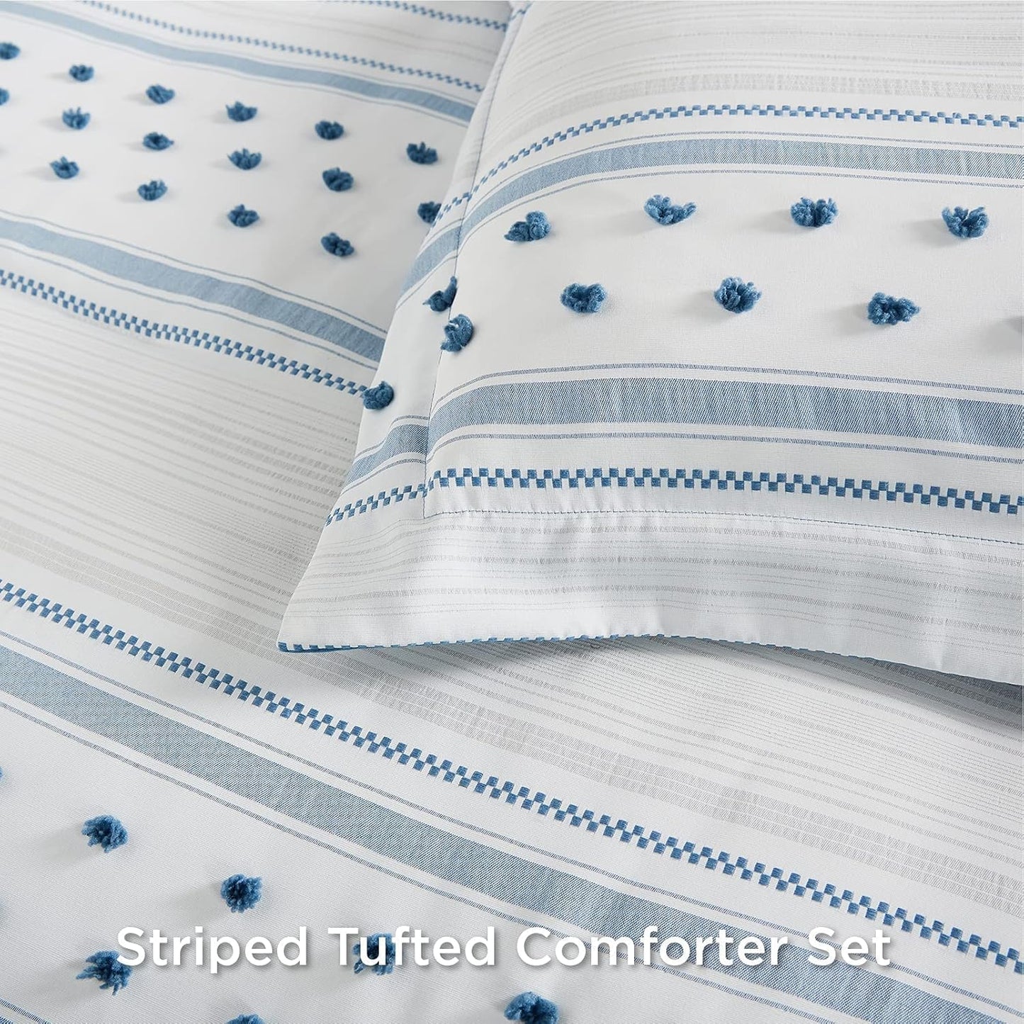 Boho Comforter Set Queen - Blue Lightweight Bedding Comforter Set, Reversible White Tufted Embroidery Farmhouse Home Decor for All Season