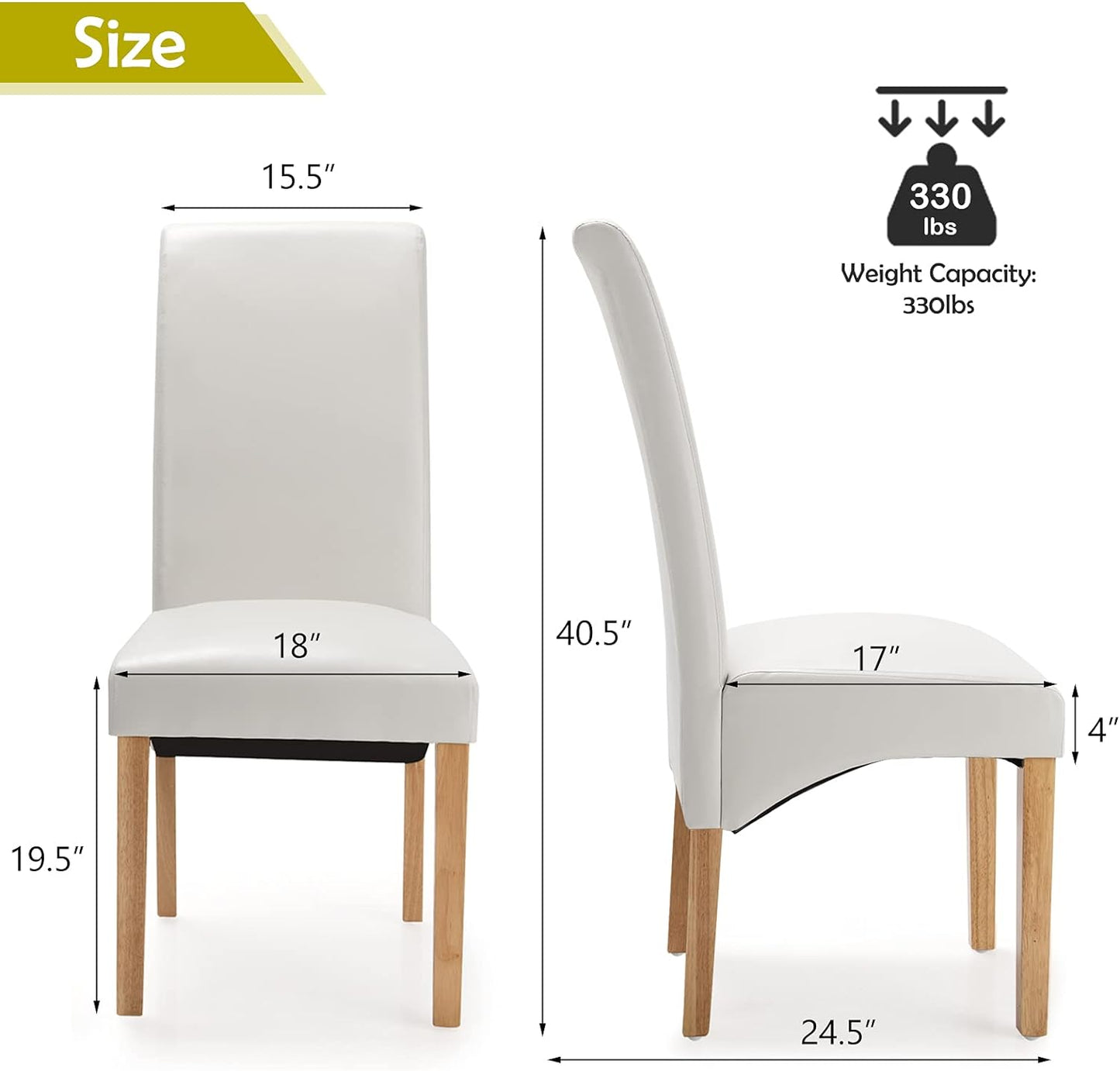 Set of 2 Dining Chairs, High Back Dining Side Chairs W/Solid Rubber Wood Legs, Anti-Slip Footpads, Modern Classic PVC Upholstered Kitchen Dining Chair, White