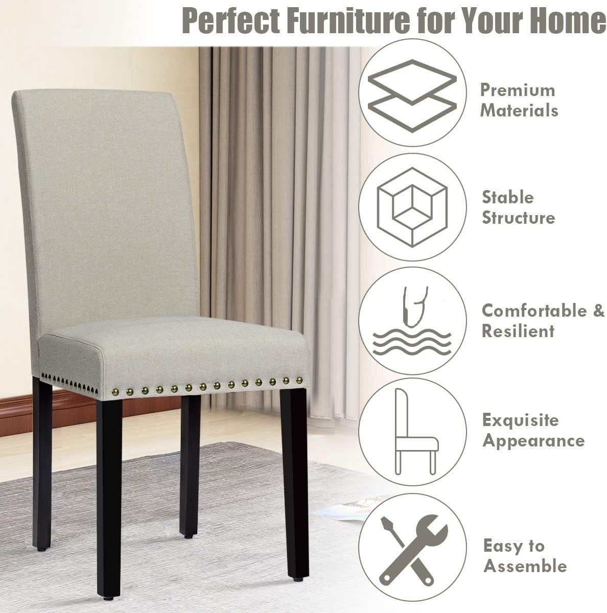 Upholstered Dining Chairs Set of 2, Fabric Side Chairs with Wood Legs, Soft Padded Seat, Nailhead Trim, Armless Parsons Dining Chair, Ideal for Dining Room, Kitchen, Living Room, Light Sage