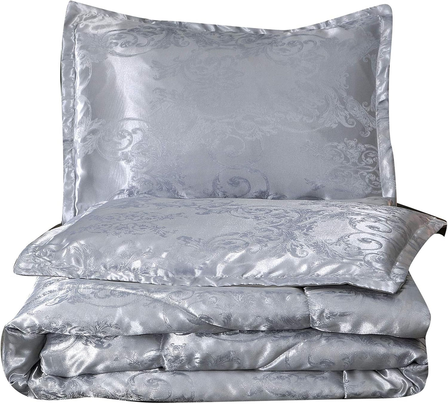 King Size Comforter Set, Silver Bedding Comforter Sets All Season Grey Bed Comforter King Set, Soft Lightweight Silk Jacquard Comforter Set with 2 Pillow Shams(King,104X90)