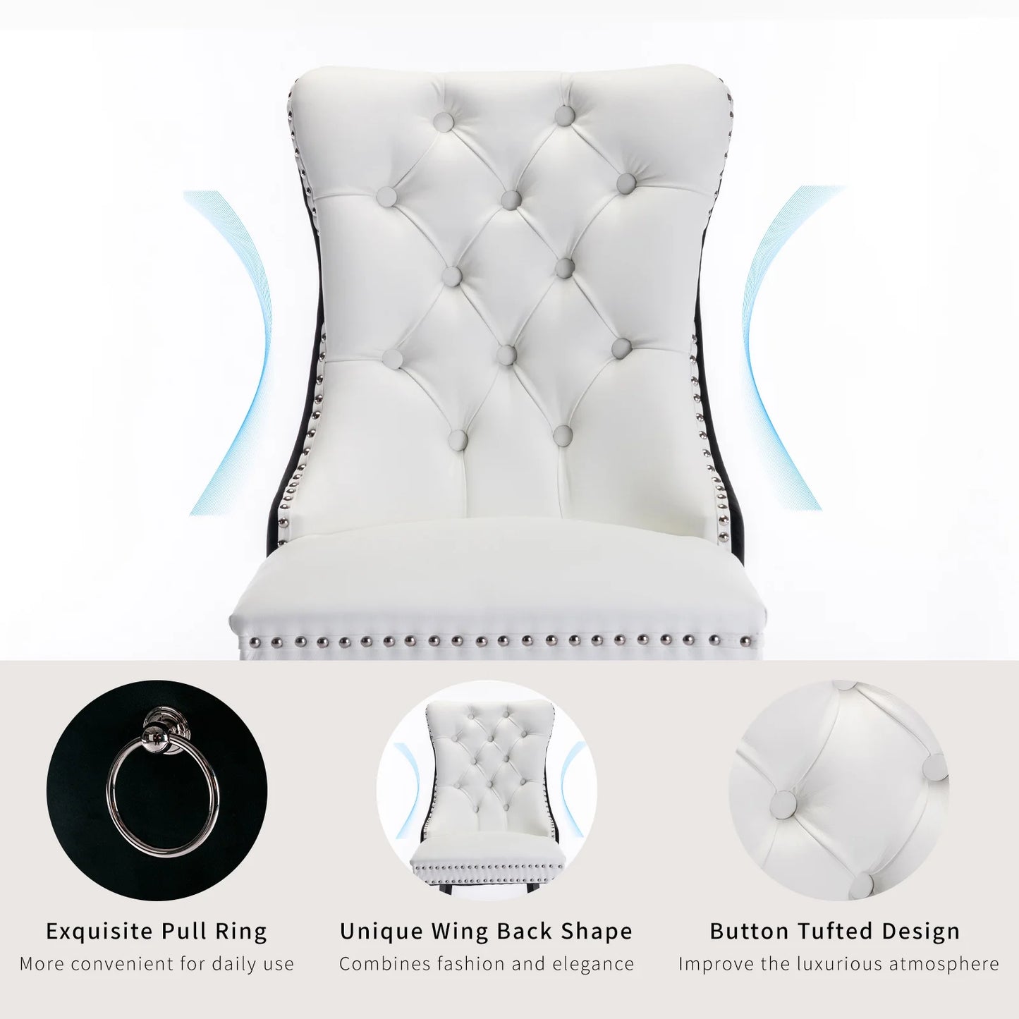 Dining Chairs Set of 2, Kitchen & Dining Room Chairs, Nailheads Tufted, Sillas De Comedor, White PU & Black Velvet Upholstered, Wood Legs (Two-Tone, 2 Pcs)