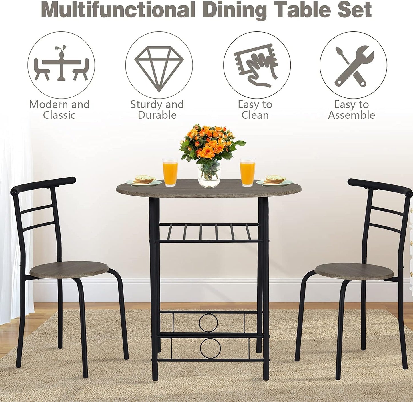3 Pieces round Wood Table & Chair Set - Metal Frame Dining Bar Industrial Space Saving with Storage Shelf for Kitchen Dining Room Bar Counter Living Room Balcony, Brown