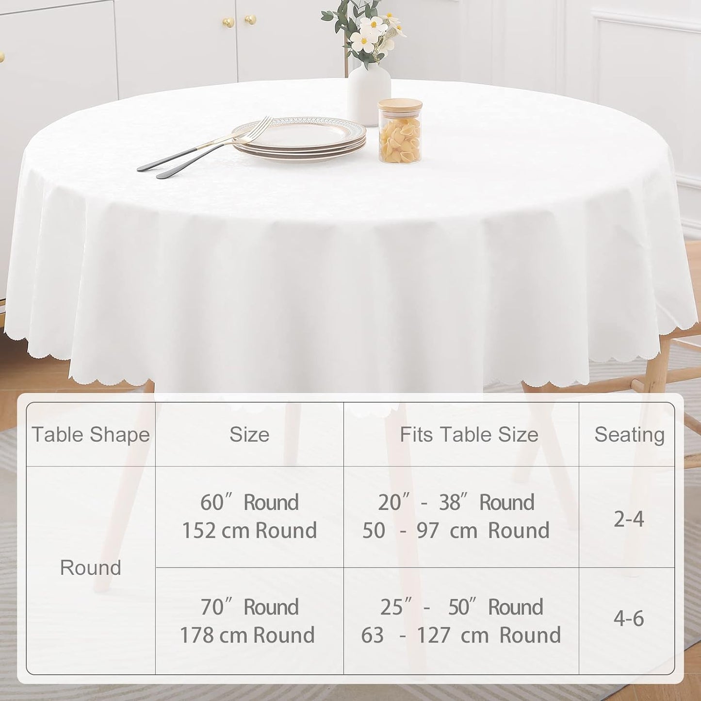 round Table Cloth, Waterproof Heavy Duty Vinyl Tablecloths, Wipeable Washable Table Cover for Kitchen and Dining Room (White, 60" X 60")