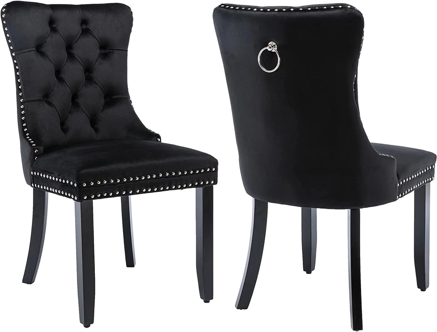 Black Velvet Dining Chairs Set of 2, Kitchen & Dining Room Chairs, Sillas De Comedor, Nailheads Tufted, Velvet Upholstered, Solid Wood (Black, 2 Pcs)