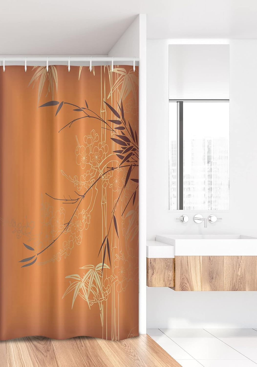 Asian Themed Stall Shower Curtain, Ethnic Branches and Flowers Illustration Eastern Nature Theme, Fabric Bathroom Decor Set with Hooks, 36" W X 72" L, Orange Yellow and Brown