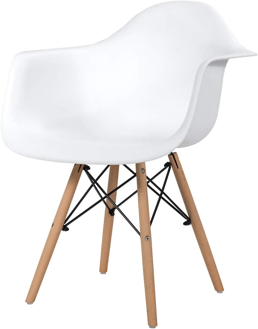 Dining Chairs Set of 2 White, Easily Assemble Modern Mid Century Dining Chairs with Wood Legs, Max Load to 330 Lbs, Plastic Kitchen Chairs with Arm for Dining Room