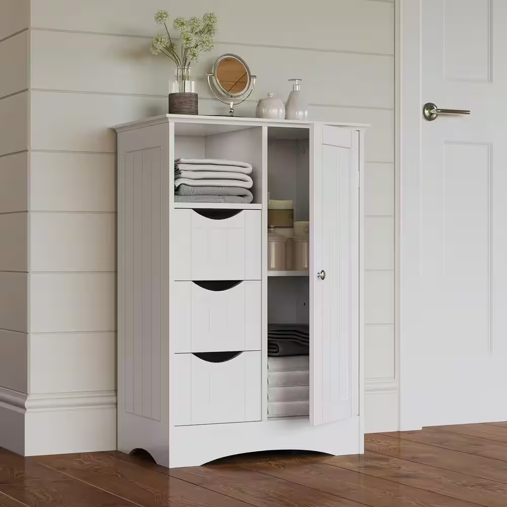 4 Doors Bathroom Cabinet with Frosted Glass Doors, Farmhouse Floor Wooden Linen Cabinet for Bathroom, White