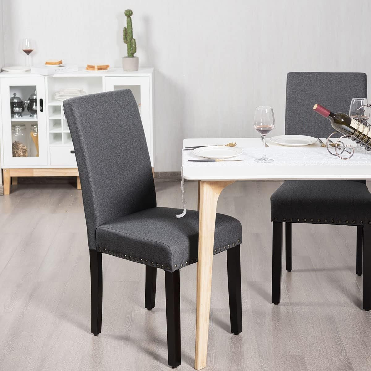 Upholstered Dining Chairs, High Back Fabric Side Chairs W/Nailhead Trim, Wood Legs, Kitchen Chairs for Dining Room Living Room, Set of 2 (Dark Grey)