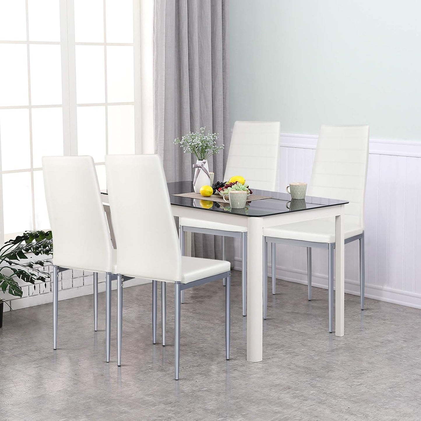 PU Leather Dining Chairs Set of 4, Upholstered Side Chairs W/Ergonomic High Backrest & Steel Frame, Dining Side Chairs for Kitchen, Dining Room, Restaurant (White)