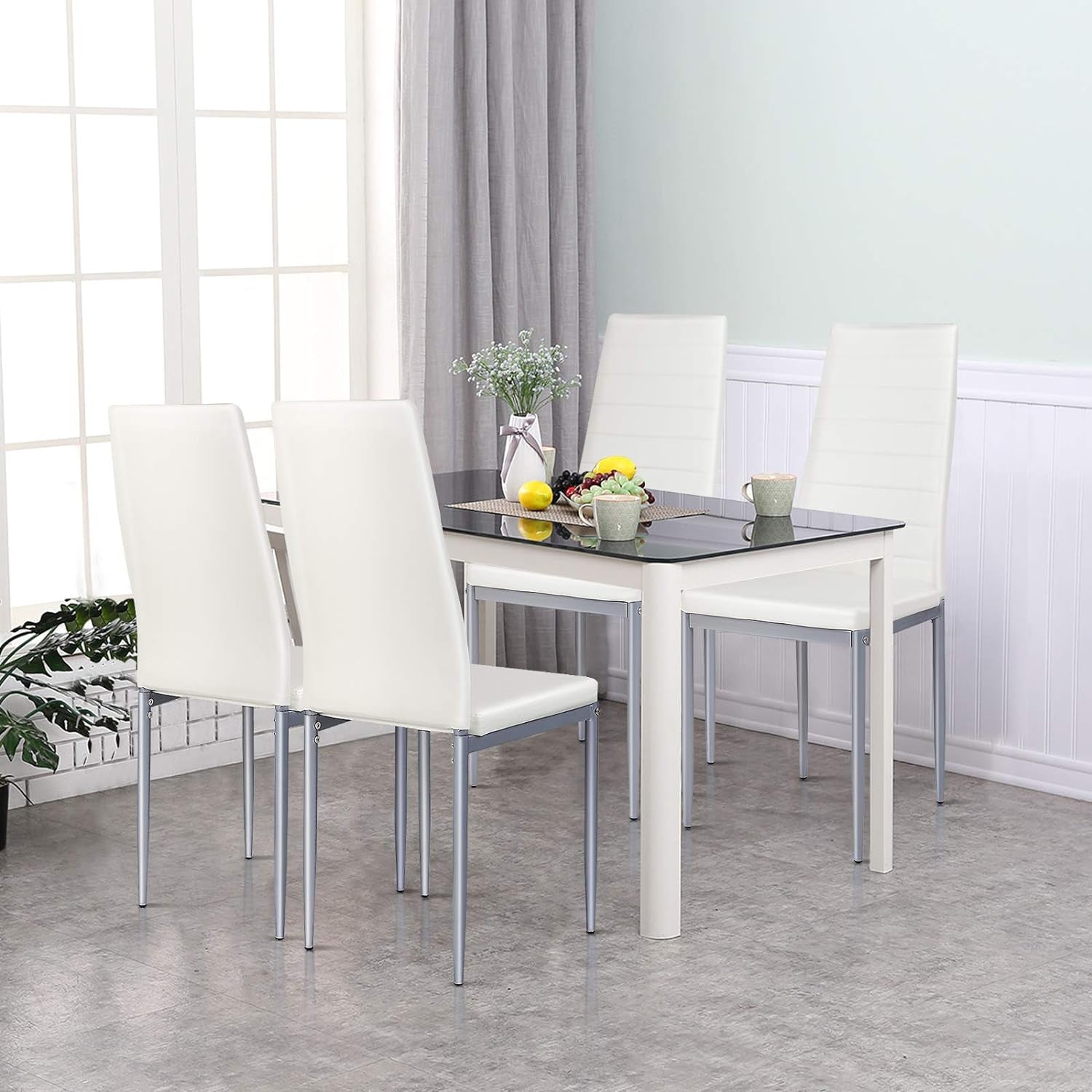 PU Leather Dining Chairs Set of 4, Upholstered Side Chairs W/Ergonomic High Backrest & Steel Frame, Dining Side Chairs for Kitchen, Dining Room, Restaurant (White)