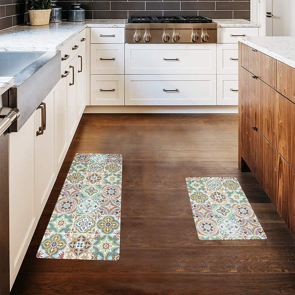 Bohemian Kitchen Rug Sets 2 Piece Non Skid Large Cushioned Kitchen Floor Mat Runner Set Waterproof Foam Rugs Floor Carpet for Sink Laundry Bathroom