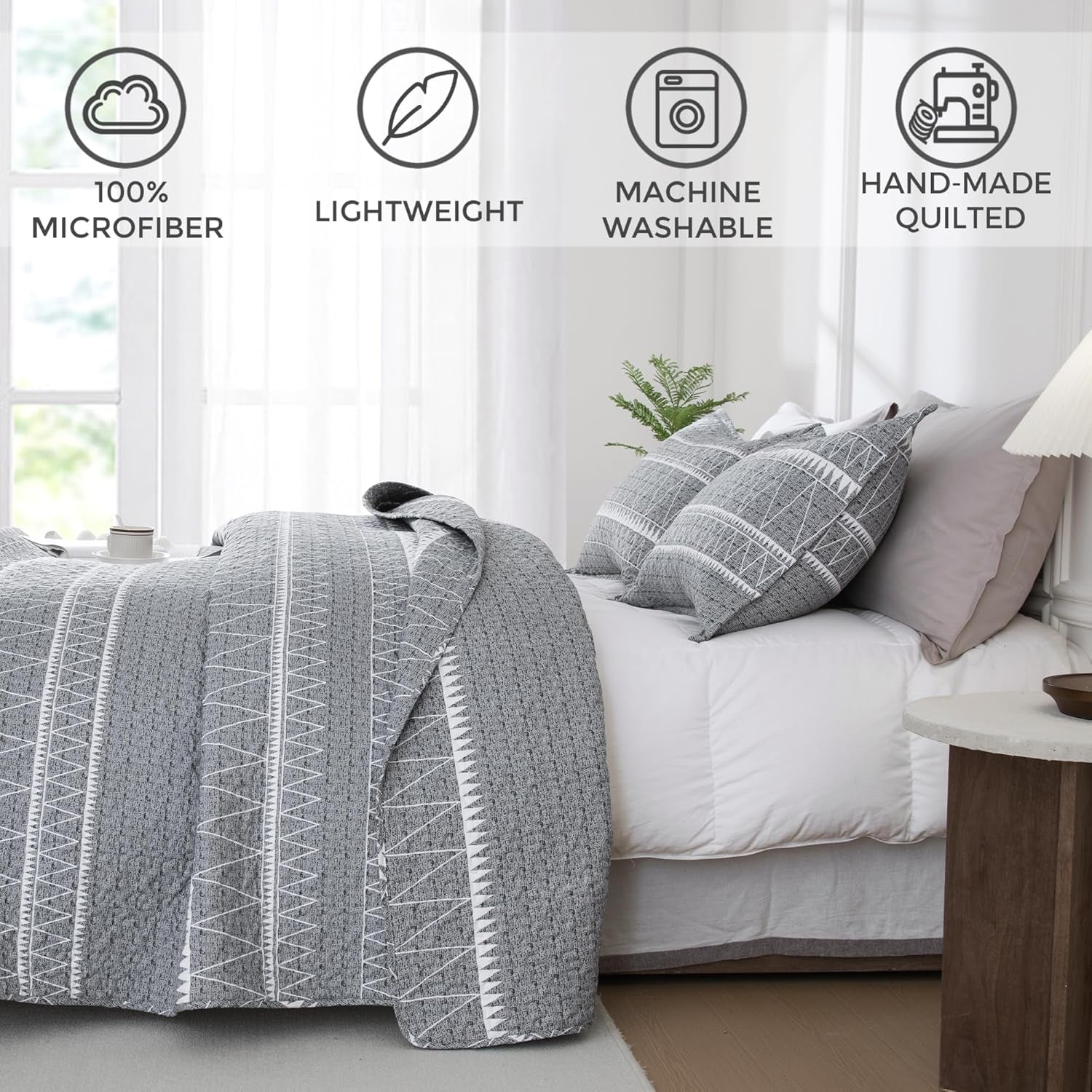 Grey California King Quilt Set (112X104 Inch), 3 Pieces(1 Striped Boho Printed Quilt and 2 Pillowcases), Bohemian Summer Lightweight Reversible Microfiber Bedspread Coverlet Sets