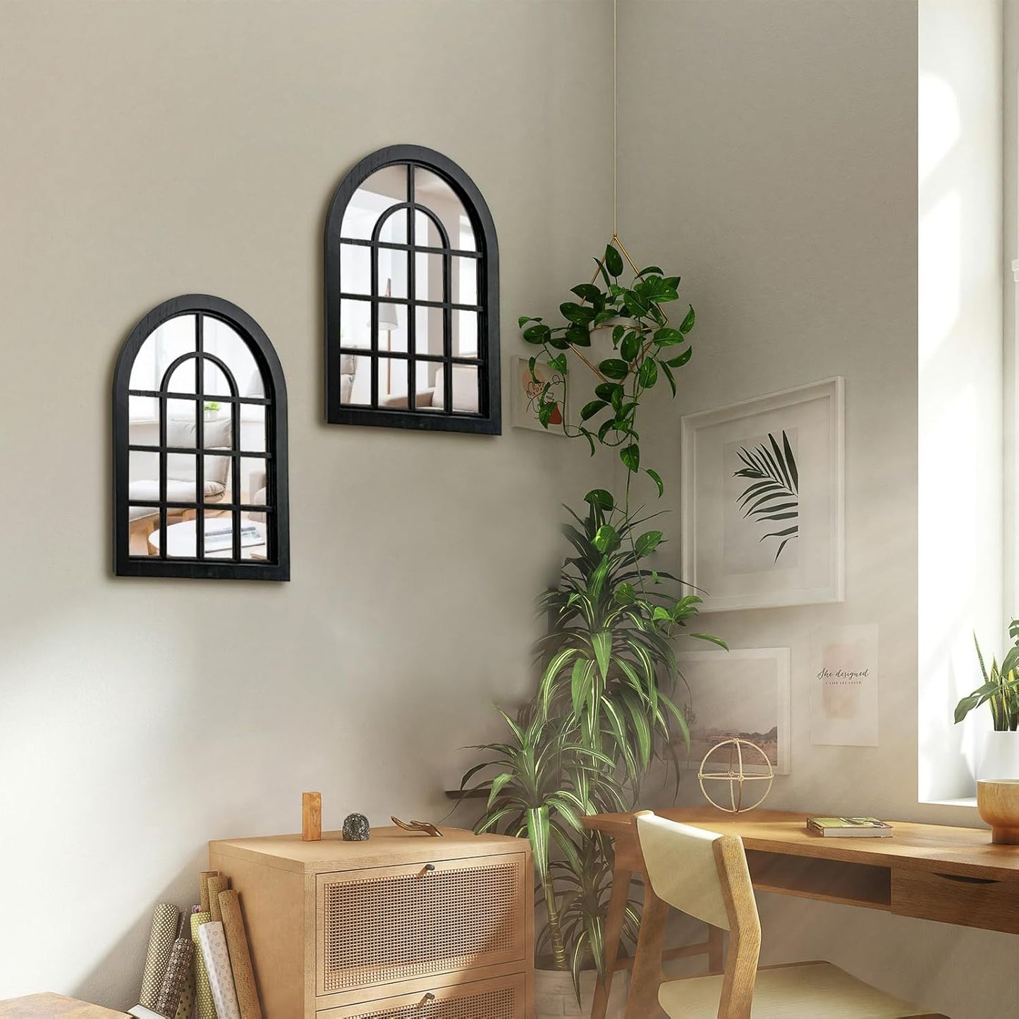 2PCS Arched Window Wall Mirror,Rustic Farmhouse Accent Mirror, Wood Framed Entry Mirror for Living Room,Bathroom,Bedroom,Kitchen,15.7X11.8 Inches