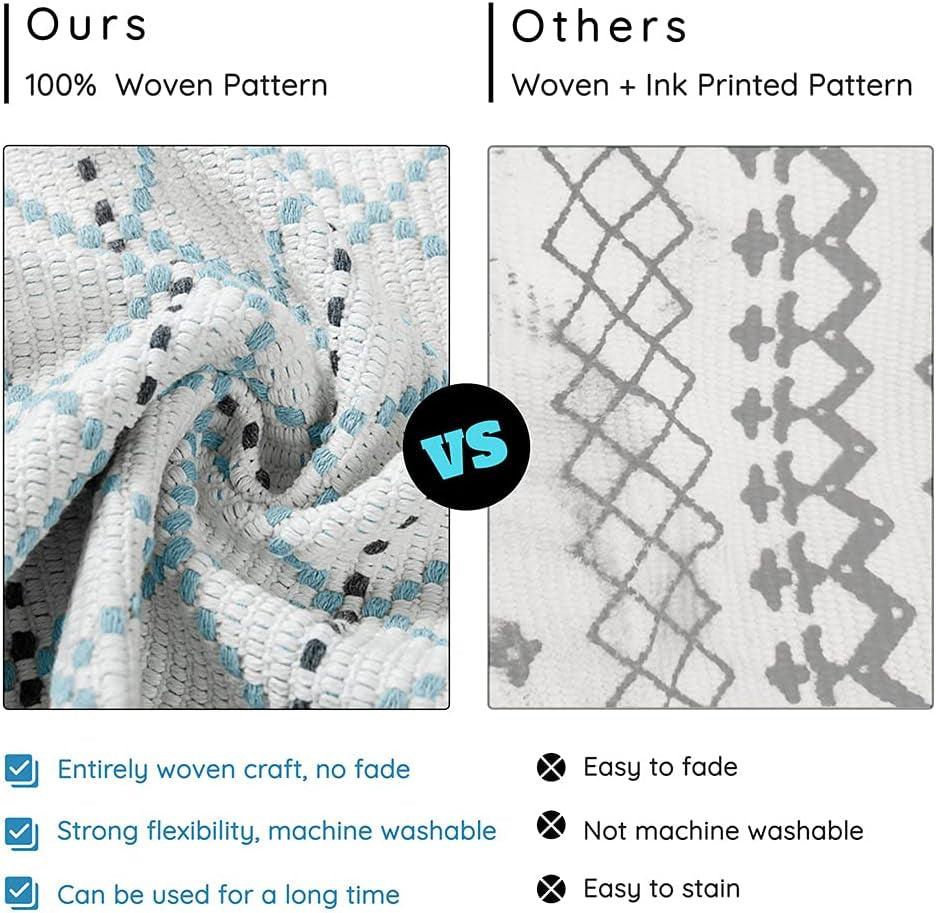 Cotton Woven Area Rug Farmhouse Kitchen Rug 4X6 Feet, Washable Boho Small Rug for Bathroom Outdoor Patio Entryway, Tribal Throw Rug Flatwoven Floor Carpet Door Mat 4'X6', Moroccan Pattern Blue Cream