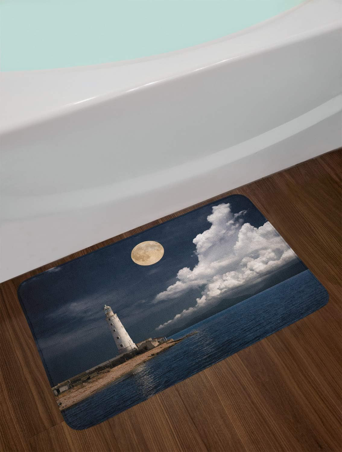 Moon Bath Mat, Old Lighthouse by the Sea White Clouds and Calm Ocean Landscape Photo, Plush Bathroom Decor Mat with Non Slip Backing, 30.2" X 20", Dark Blue Ivory White