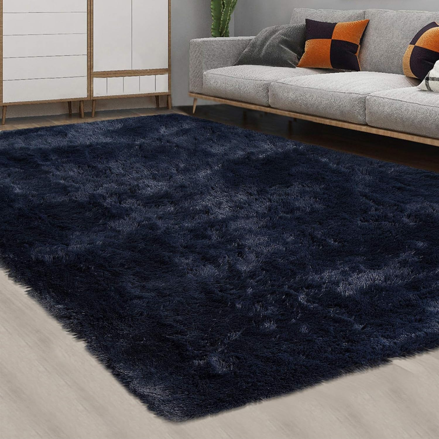 Fluffy Area Rug Soft Modern Plush Velvet Area Rug 5'X 8' Faux Shaggy Area Rug Indoor Accent Rug Home Decor Nursery Rug Carpets for Bedroom, Dark Navy, 5'X 8'