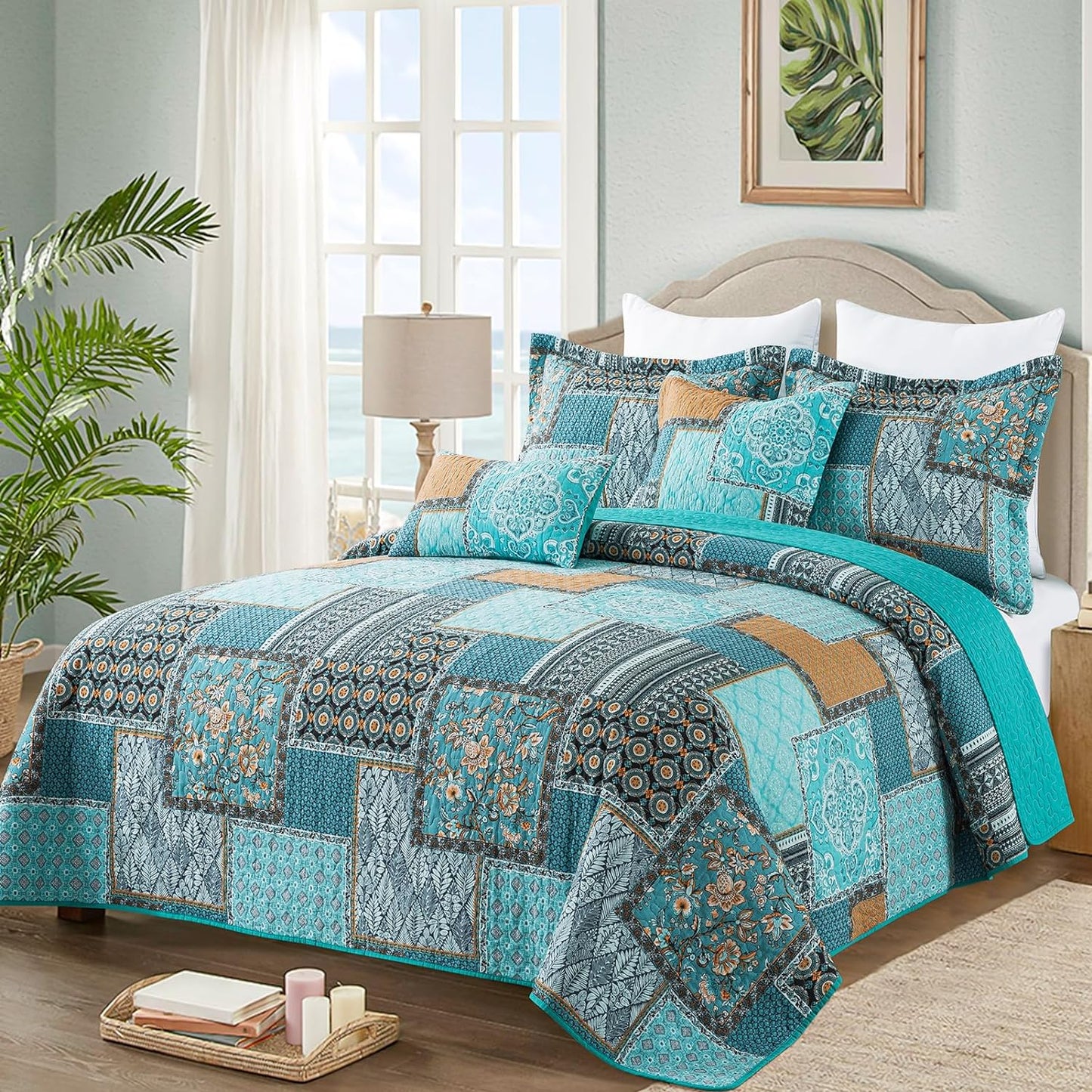 King Size Quilt Bedding Set - Soft Cotton King Size Bedspreads (98 * 106 In) - Lightweight Patchwork Floral Quilts for Farmhouse Bedroom (Teal/Green Chic, 3 Pieces)