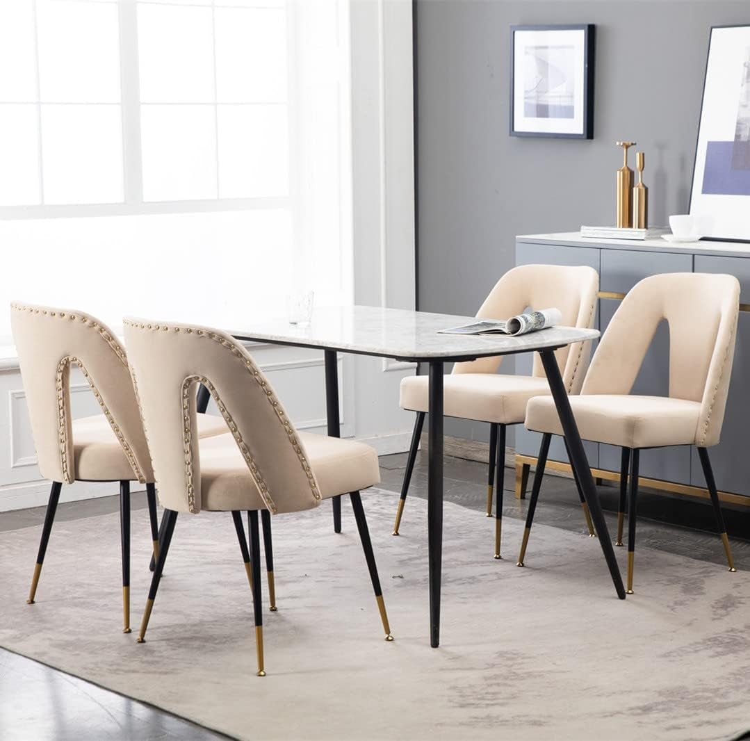 Upholstered Dining Chair with Nailheads and Gold Tipped Black Metal Legs,Velvet Dining Side Chair Vanity Chairs Living Dining Room Accent Arm Chairs for Kitchen Dining Room (1 Pcs,Beige)