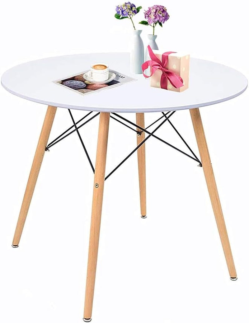 Round Table White Kitchen Dining Table White Dining Room Table Modern Style round Leisure Coffee Table Office Coference Desk with Wood Legs for Kitchen Living Room (Round Table White)