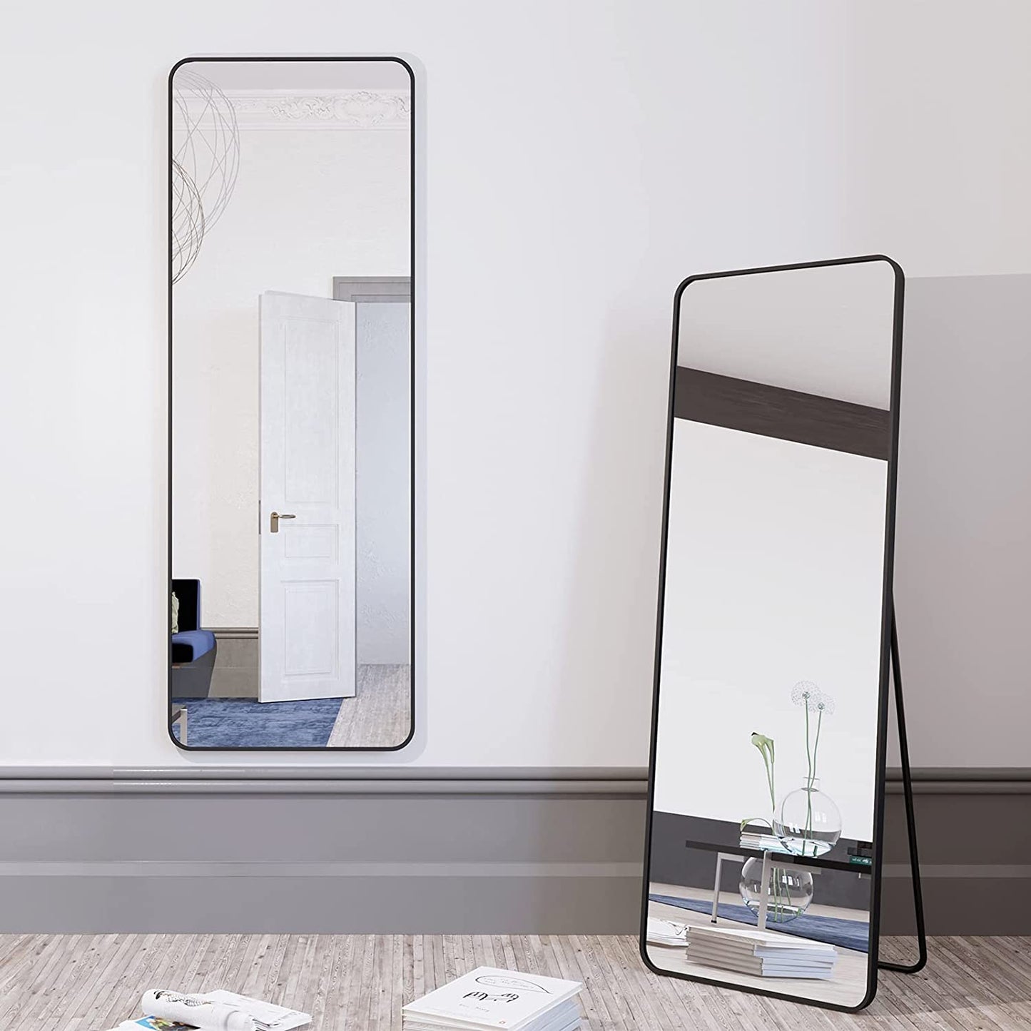Black Full Length Mirror, 65"X22" Rounded Corner Floor Mirror Standing Hanging or Leaning against Wall Dressing Room Mirror Full Length