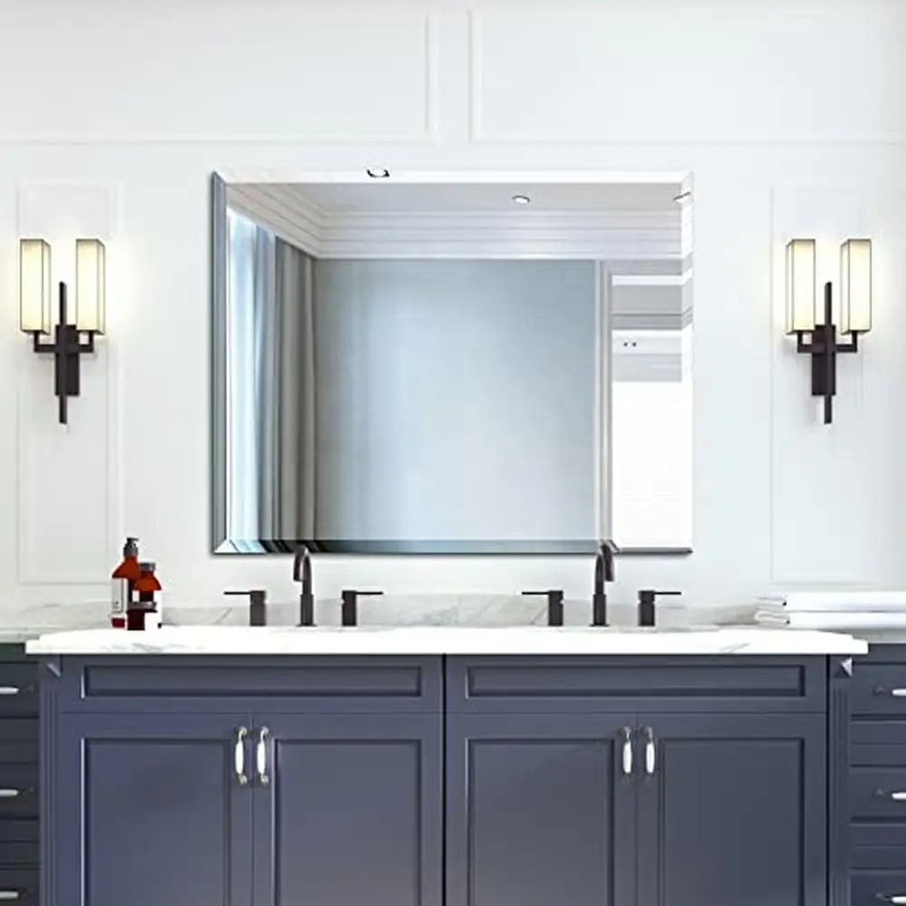 40X32 Beveled Edge Frameless Bathroom Vanity Mirror Hangs Horizontally or Vertically Modern Elegant Design Safe Installation