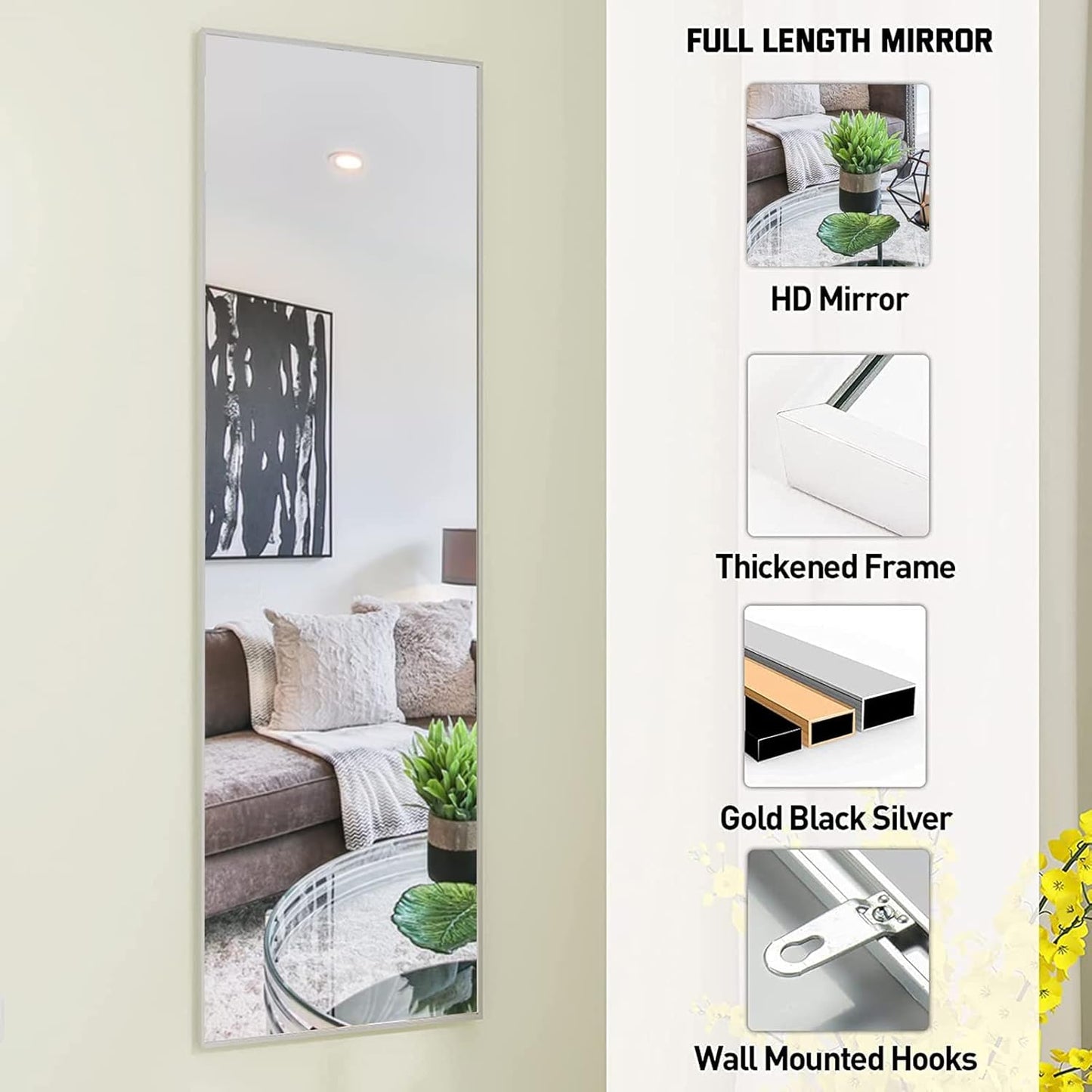 Full Length Mirror 47"X16" Wall-Mounted Large Standing Hanging or Leaning against Wall Mirror, Door Mirror Body Dressing Mirror with Aluminum Alloy Frame for Living Room, Bedroom, Silver