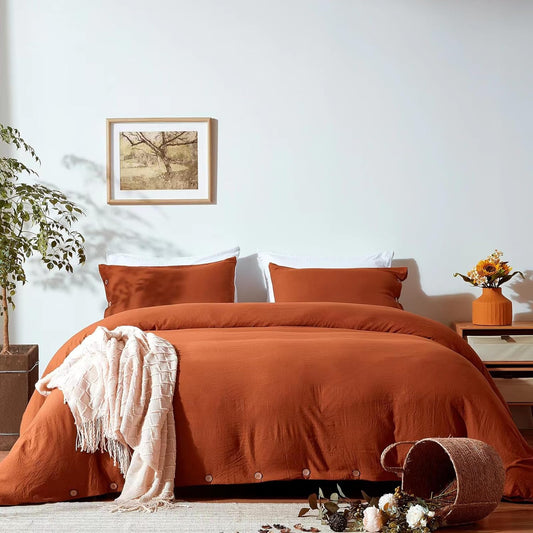 Burnt Orange Duvet Cover Sets Queen Size 3 Piece Double Brushed Microfiber Queen Duvet Cover with Button Closure & Corner Tie 1 Breathable and Soft Duvet Cover 90X90 Inches + 2 Pillow Shams