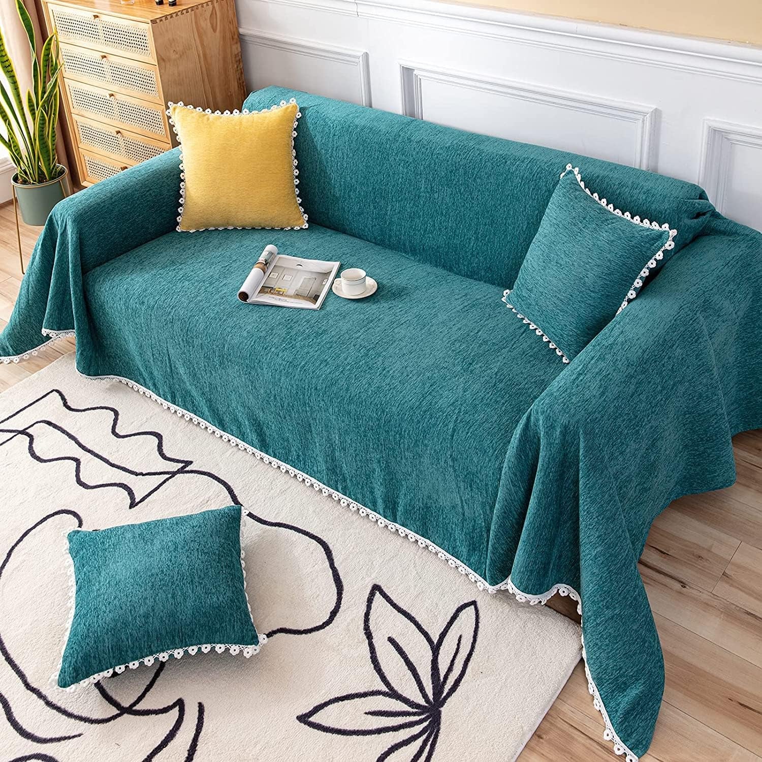 Modern Minimalist Sofa Covers for 3 Cushion Couch Sofa Chenille Couch Cover 71" X 118" Furniture Protector Couch Covers with Floral Lace for Dogs Cats, Bluish Green