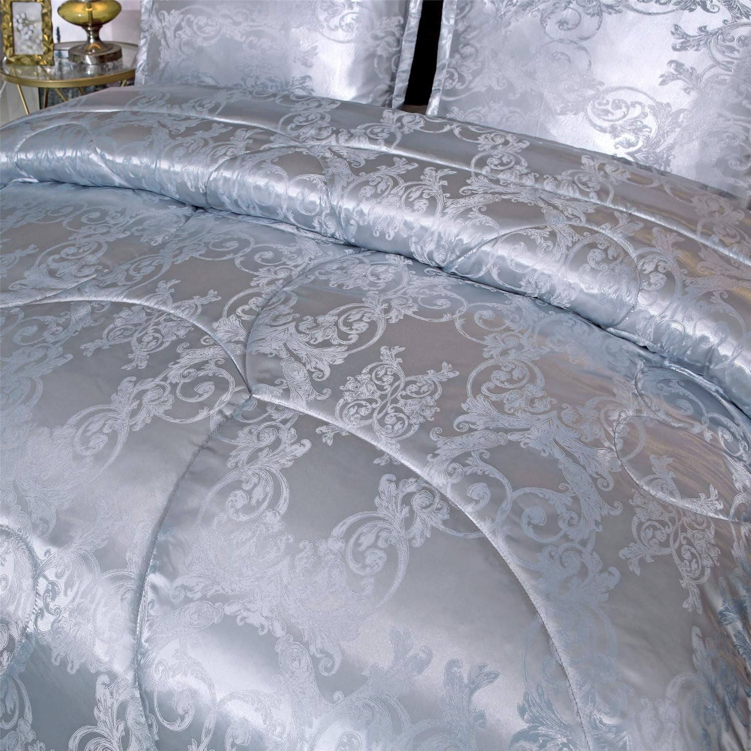 King Size Comforter Set, Silver Bedding Comforter Sets All Season Grey Bed Comforter King Set, Soft Lightweight Silk Jacquard Comforter Set with 2 Pillow Shams(King,104X90)
