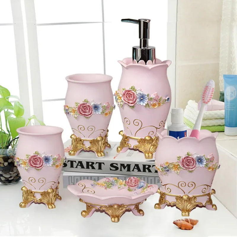 Emboss Bathroom Supplies Lotion Bottle Toothbrush Cup Resin Bathroom Five-Piece Suit Household Bathroom Accessories