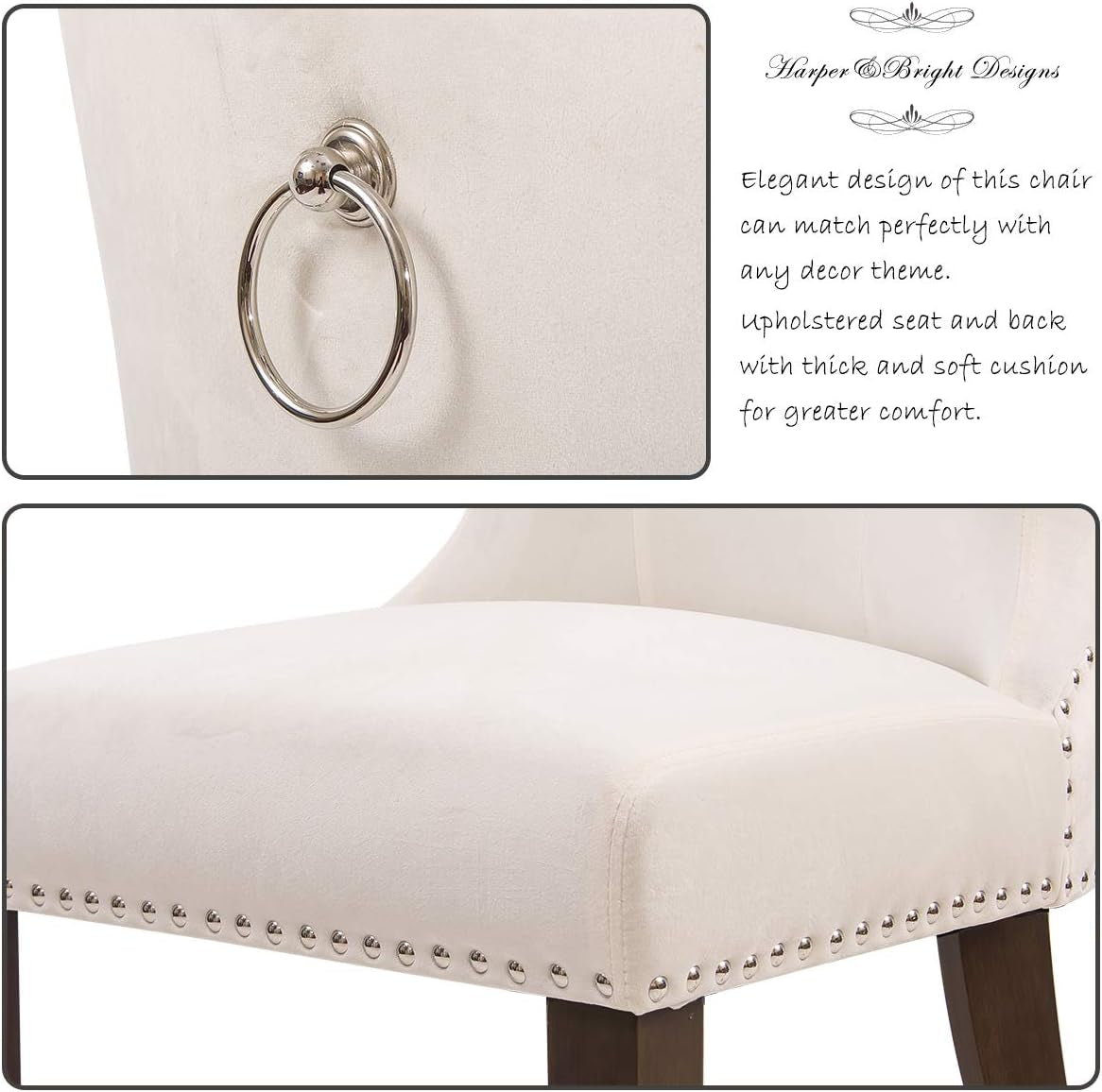Dining Chairs Set of 2, Upholstered Cream Accent Chair Button Tufted Armless Chair with Nailhead Trim and Back Ring Pull, with Upgraded Size: 19.7 X 19.7 X 36.4 Inches