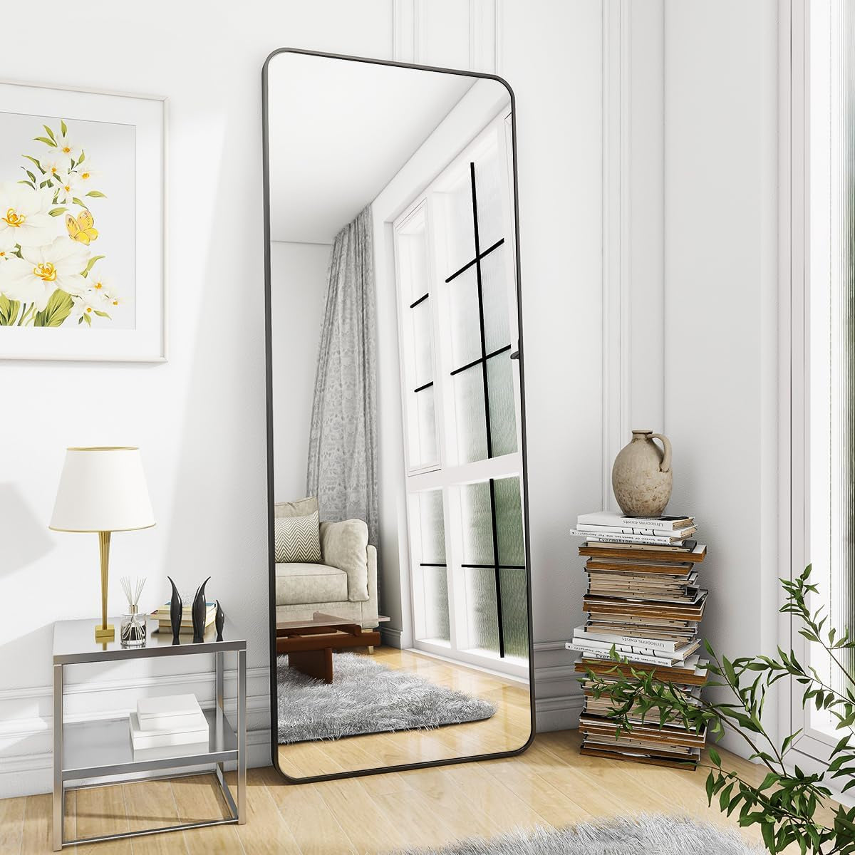 Black Full Length Mirror, 65"X22" Rounded Corner Floor Mirror Standing Hanging or Leaning against Wall Dressing Room Mirror Full Length